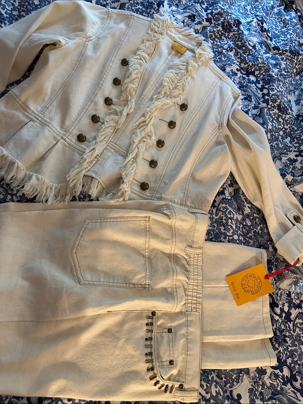 RUBY RD Cream Fringe Military-Style Jacket and Pants Set